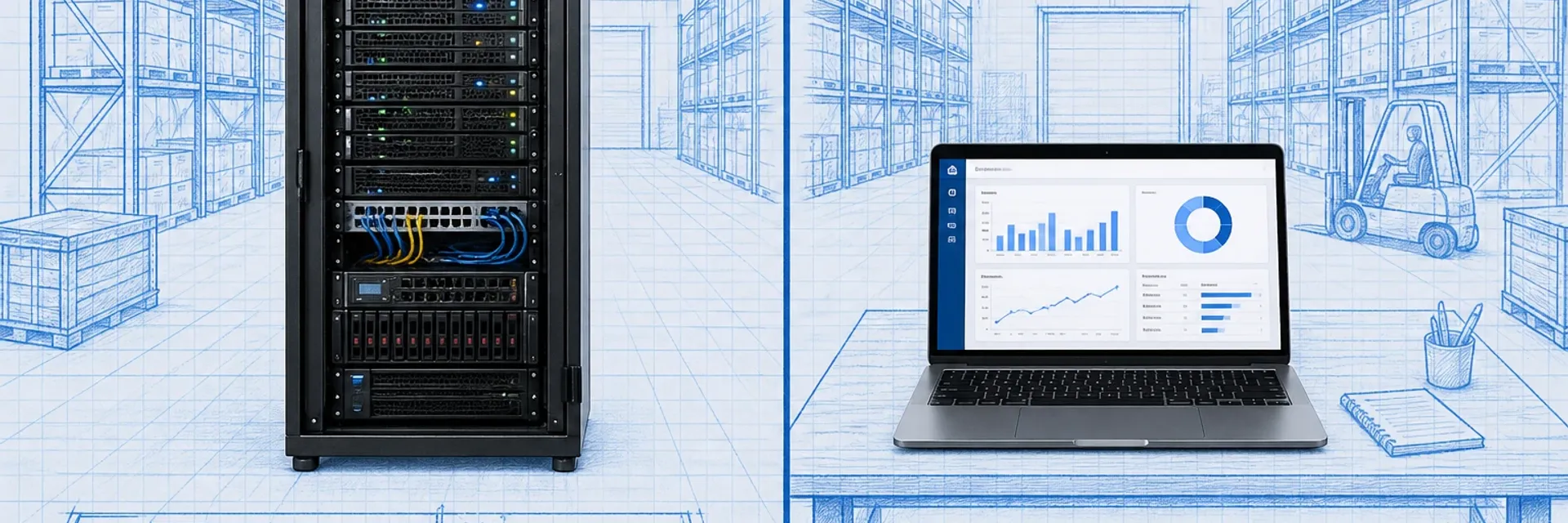 Split-panel Blueprint Reality scene comparing on-premise servers on the left with a cloud WMS laptop dashboard on the right, blue ink warehouse grid background