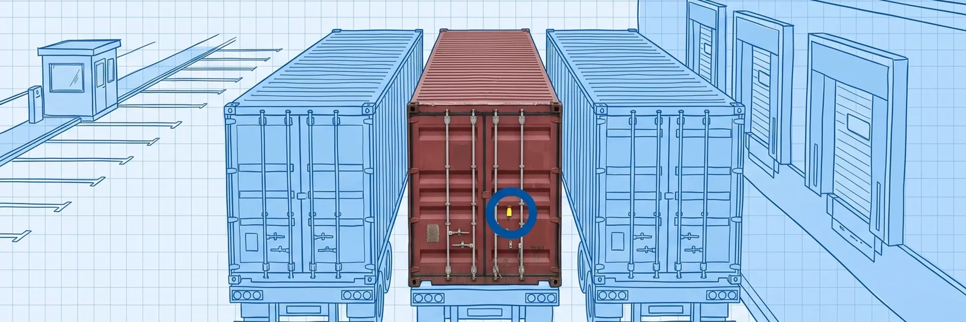 Container number check digit — blueprint drawing of a receiving dock with three trailer-mounted shipping containers; the middle one is a photographed red container with a blue ring around the yellow bolt seal on its doors