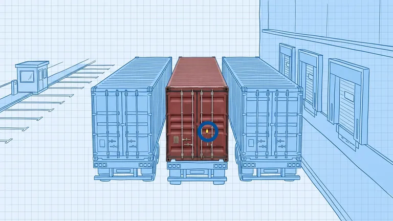 Container number check digit — blueprint drawing of a receiving dock with three trailer-mounted shipping containers; the middle one is a photographed red container with a blue ring around the yellow bolt seal on its doors