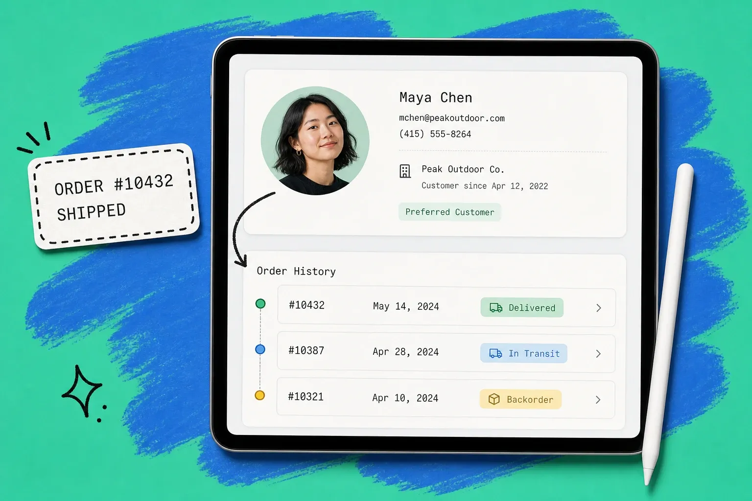 Tablet showing a single customer profile card with an order history timeline and status badges, illustrating a unified CRM and order record