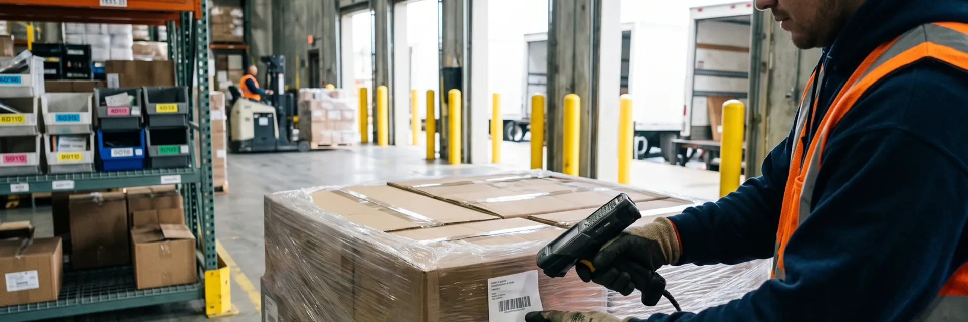 A warehouse worker in an orange hi-vis vest and work gloves scans a barcode label on the side of a shrink-wrapped pallet of cartons at an open loading dock, with steel racking to the left and a parked trailer behind.