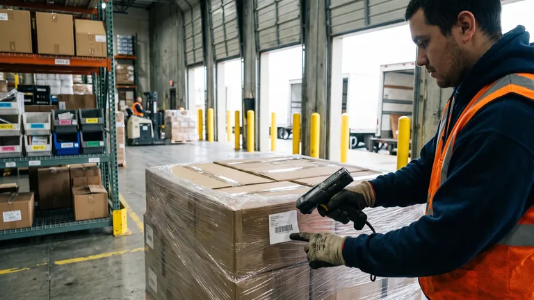 A warehouse worker in an orange hi-vis vest and work gloves scans a barcode label on the side of a shrink-wrapped pallet of cartons at an open loading dock, with steel racking to the left and a parked trailer behind.