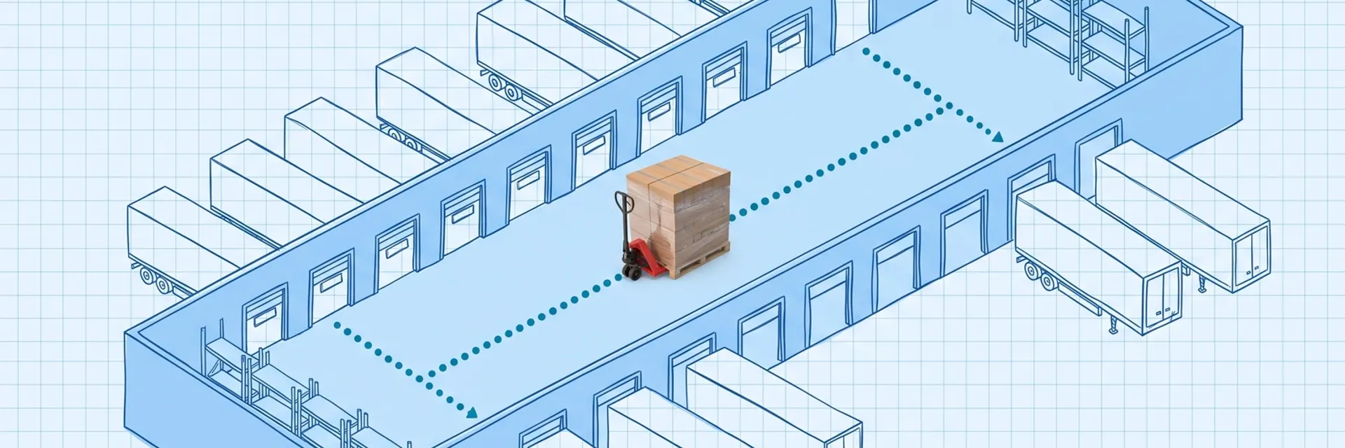 Hand-drawn blue blueprint cutaway of a long cross-dock building with trailers at dock doors on both sides and an empty rack area; a photoreal pallet of cartons on a red pallet jack crosses the floor along a dotted route from inbound to outbound