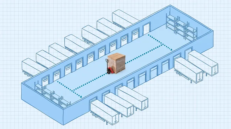 Hand-drawn blue blueprint cutaway of a long cross-dock building with trailers at dock doors on both sides and an empty rack area; a photoreal pallet of cartons on a red pallet jack crosses the floor along a dotted route from inbound to outbound