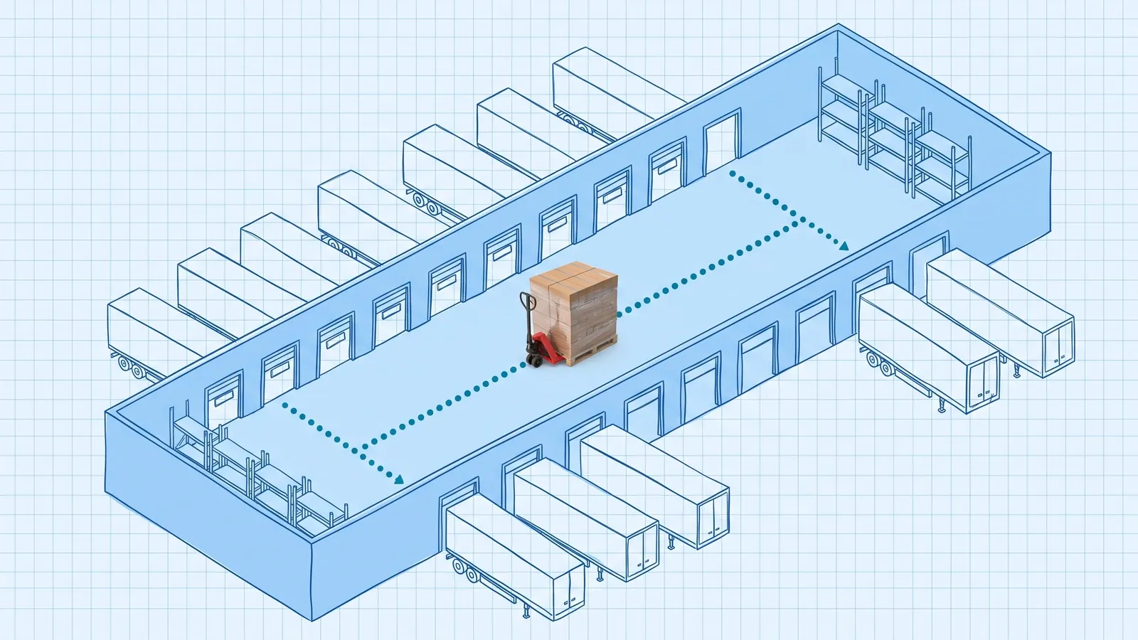 Hand-drawn blue blueprint cutaway of a long cross-dock building with trailers at dock doors on both sides and an empty rack area; a photoreal pallet of cartons on a red pallet jack crosses the floor along a dotted route from inbound to outbound