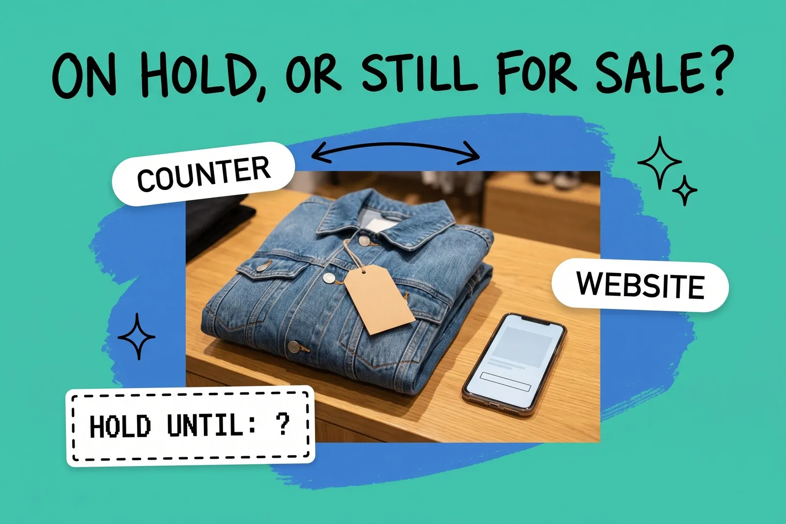 Store holds and online stock — a folded denim jacket with a blank paper tag on a store counter beside a phone, between cards reading COUNTER and WEBSITE, under the headline ON HOLD, OR STILL FOR SALE? and a dashed card reading HOLD UNTIL: ?