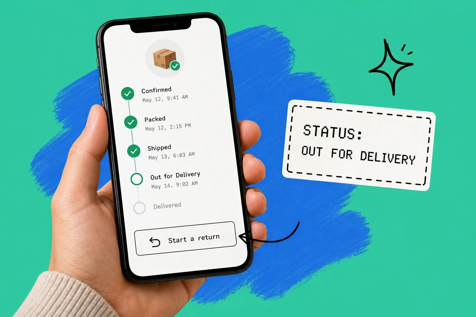 Smartphone showing an order status timeline with a Start a Return button, set on a teal background with a blue brushstroke shape and hand-drawn arrows pointing to the self-service actions