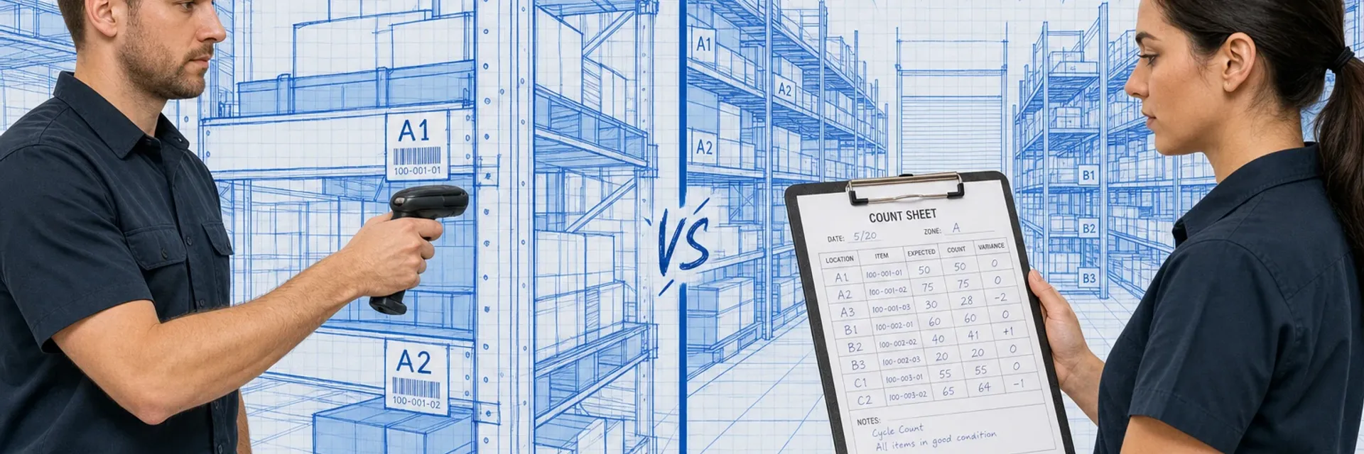 Blueprint split-panel diagram comparing cycle count method on the left with targeted scanner and a physical inventory full-count wall-to-wall on the right