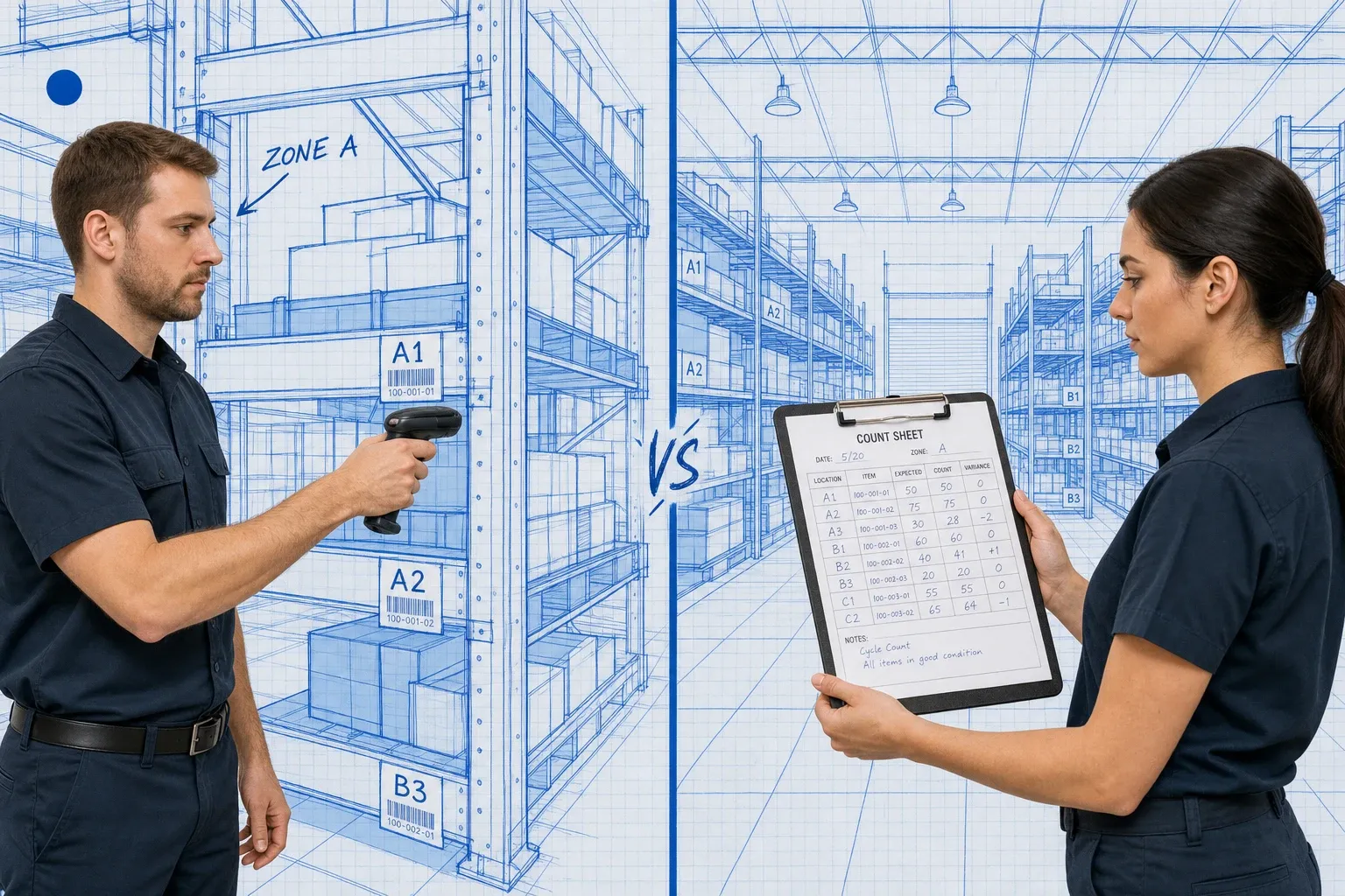 Blueprint split-panel diagram comparing cycle count method on the left with targeted scanner and a physical inventory full-count wall-to-wall on the right