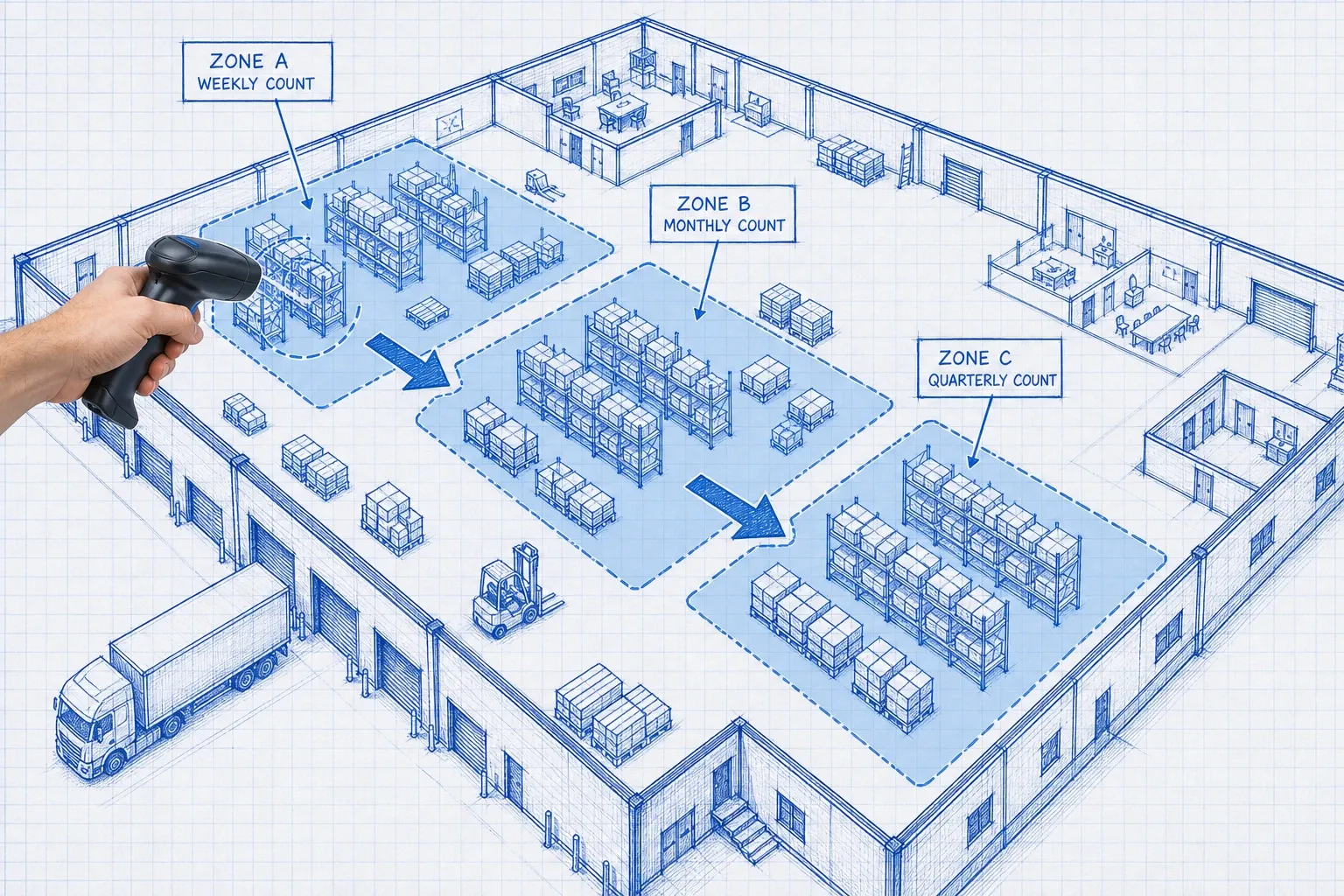 Warehouse floor plan diagram comparing cycle count zones on a rotating weekly schedule versus a full physical inventory wall-to-wall count, drawn in blueprint style with annotated areas