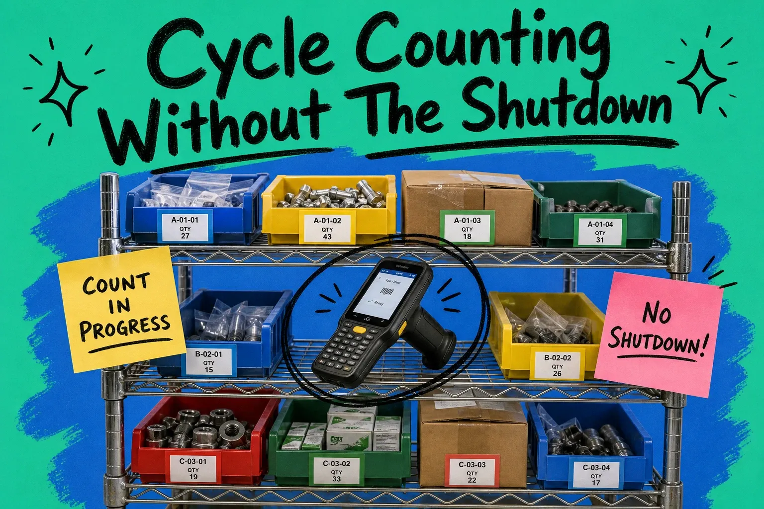 Cycle counting workflow — warehouse shelf with color-coded bin labels and a handheld barcode scanner on teal background, sticky notes reading COUNT IN PROGRESS and NO SHUTDOWN