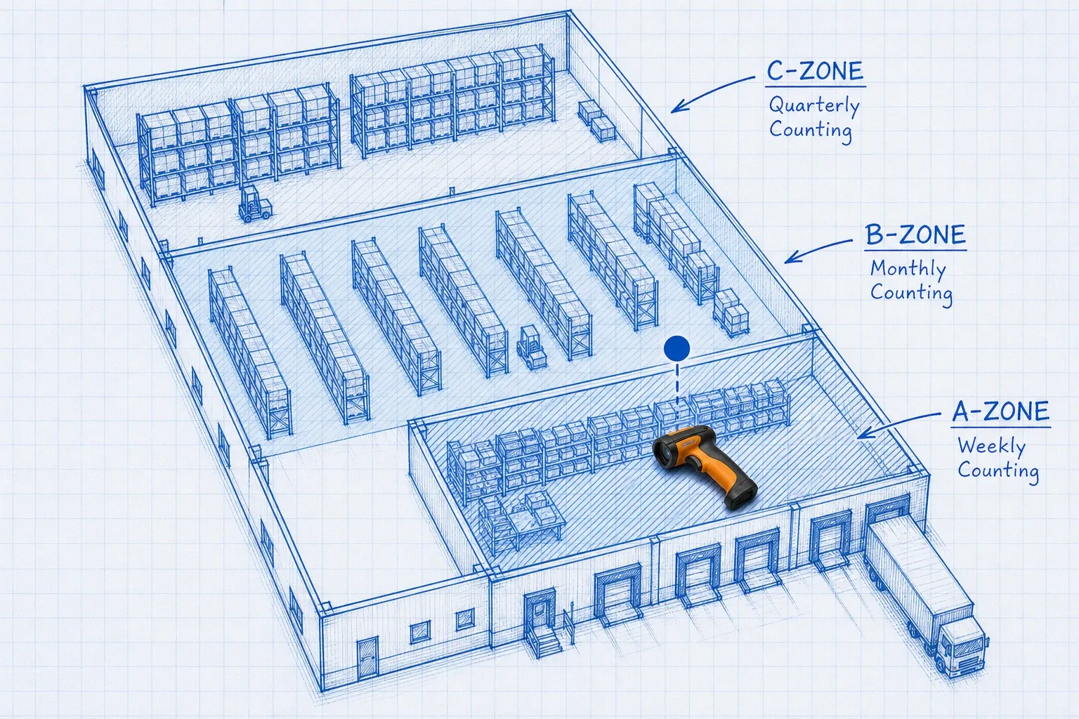 Isometric blueprint warehouse floor plan showing ABC inventory zones: A-zone near the pick face labeled in deep blue, B-zone mid-aisle, and C-zone in deep storage at the back