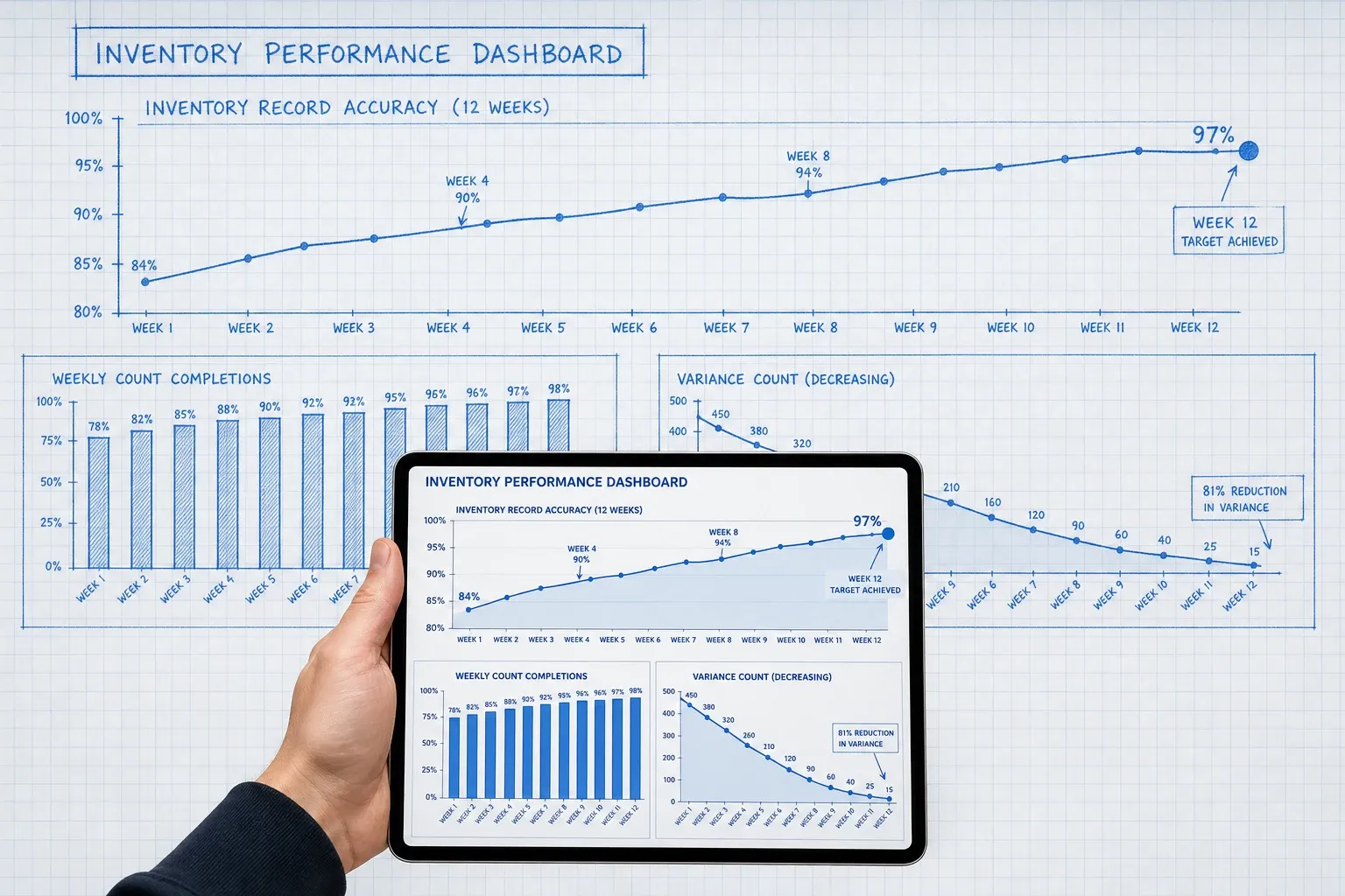 Blueprint-style dashboard showing weekly inventory record accuracy trending from 84% to 97% over 12 weeks, with a photoreal tablet displaying count completion metrics