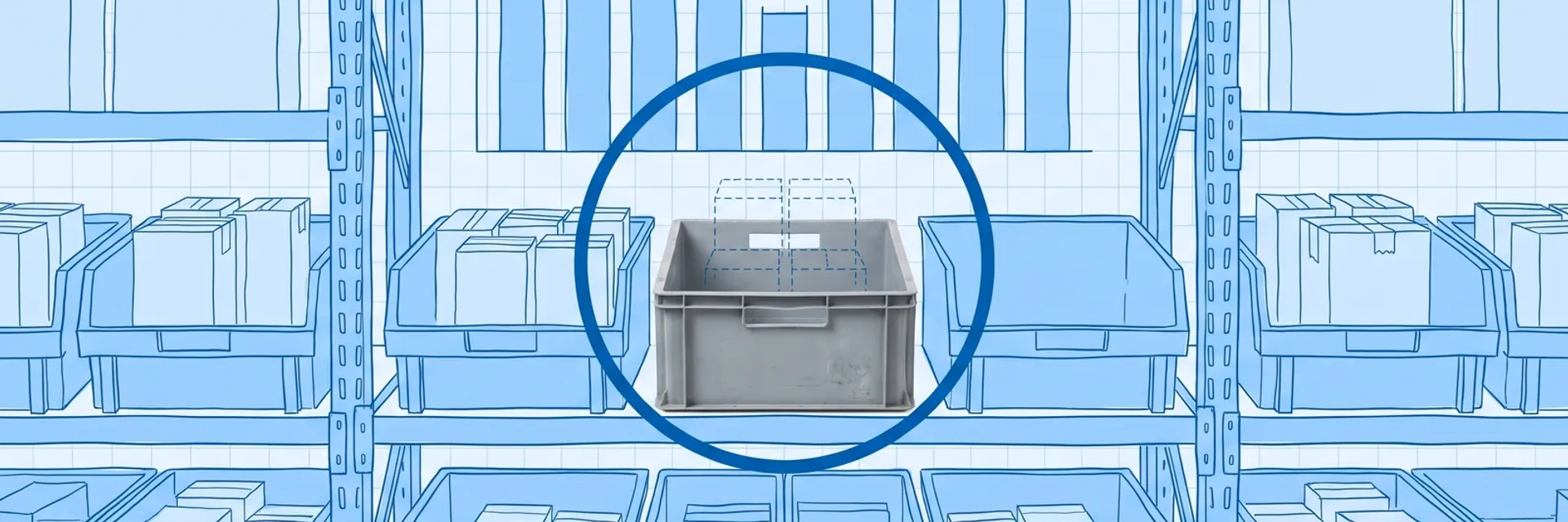 Blueprint illustration of a warehouse shelving rack with one photographed empty grey bin circled in dark blue, in front of a weekly bar chart where one short bar continues upward as a dashed outline