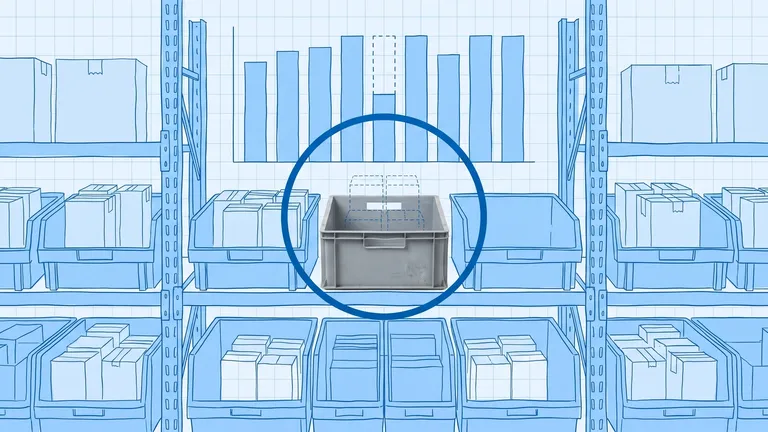 Blueprint illustration of a warehouse shelving rack with one photographed empty grey bin circled in dark blue, in front of a weekly bar chart where one short bar continues upward as a dashed outline