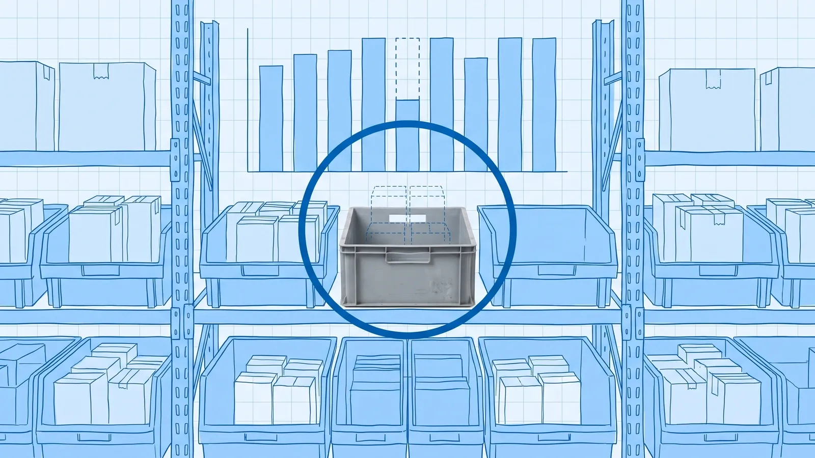 Blueprint illustration of a warehouse shelving rack with one photographed empty grey bin circled in dark blue, in front of a weekly bar chart where one short bar continues upward as a dashed outline