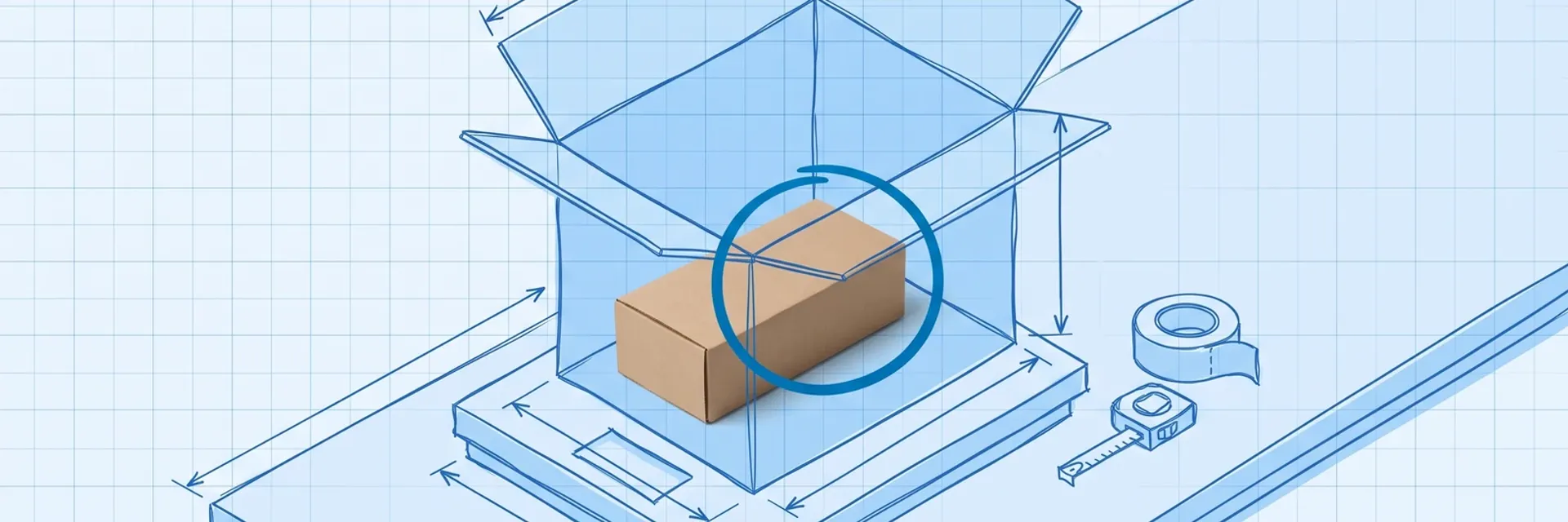 Dimensional weight: blueprint drawing of an open shipping carton standing on a parcel scale, with dimension arrows along its length, width and height; inside it a small photographed kraft-brown box with a blue ring around it fills only a corner of the space, and a tape roll and tape measure sit beside the scale