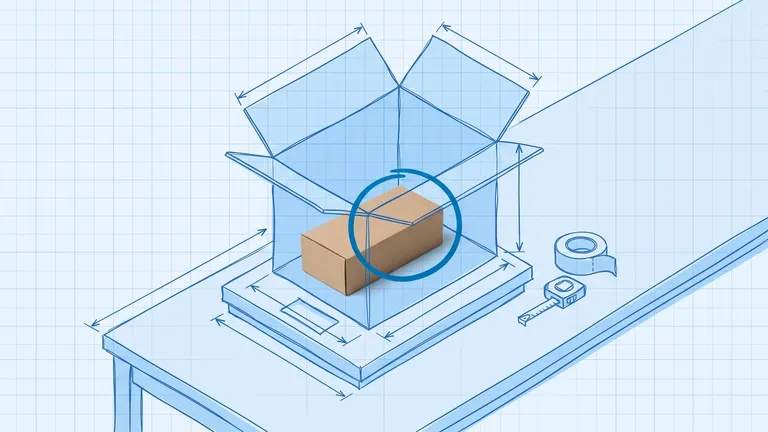 Dimensional weight: blueprint drawing of an open shipping carton standing on a parcel scale, with dimension arrows along its length, width and height; inside it a small photographed kraft-brown box with a blue ring around it fills only a corner of the space, and a tape roll and tape measure sit beside the scale