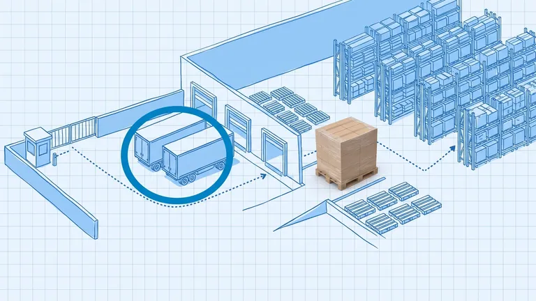 Dock-to-stock time: blueprint drawing of a warehouse gate and guard booth, a yard with two waiting trailers circled in dark blue, three dock doors and pallet racking, with a photographed shrink-wrapped pallet of brown cartons just inside the docks and dotted arrows running from the gate to the racks