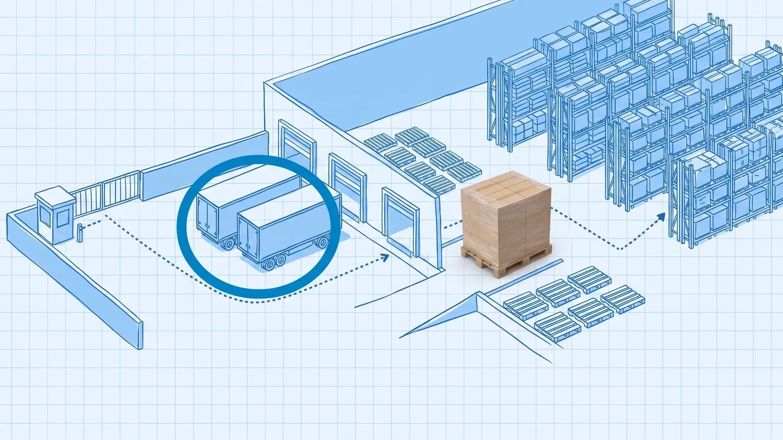 Dock-to-stock time: blueprint drawing of a warehouse gate and guard booth, a yard with two waiting trailers circled in dark blue, three dock doors and pallet racking, with a photographed shrink-wrapped pallet of brown cartons just inside the docks and dotted arrows running from the gate to the racks