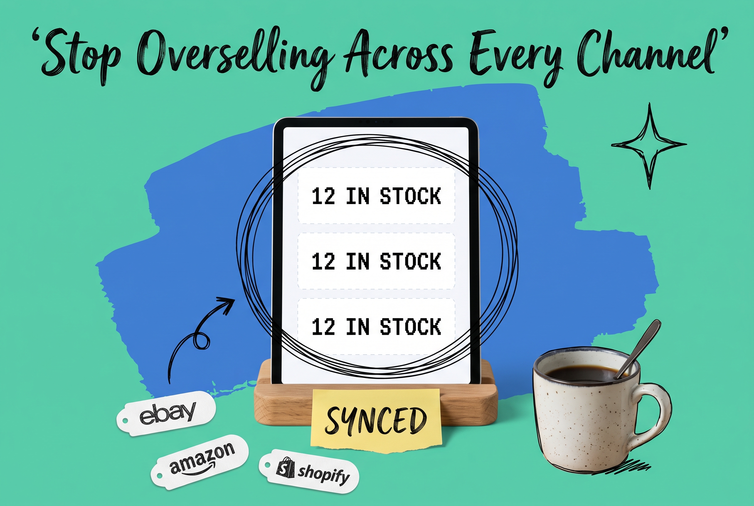 eBay inventory management comparison, tablet showing identical 12-in-stock counts across eBay, Amazon, and Shopify listing tags on teal background