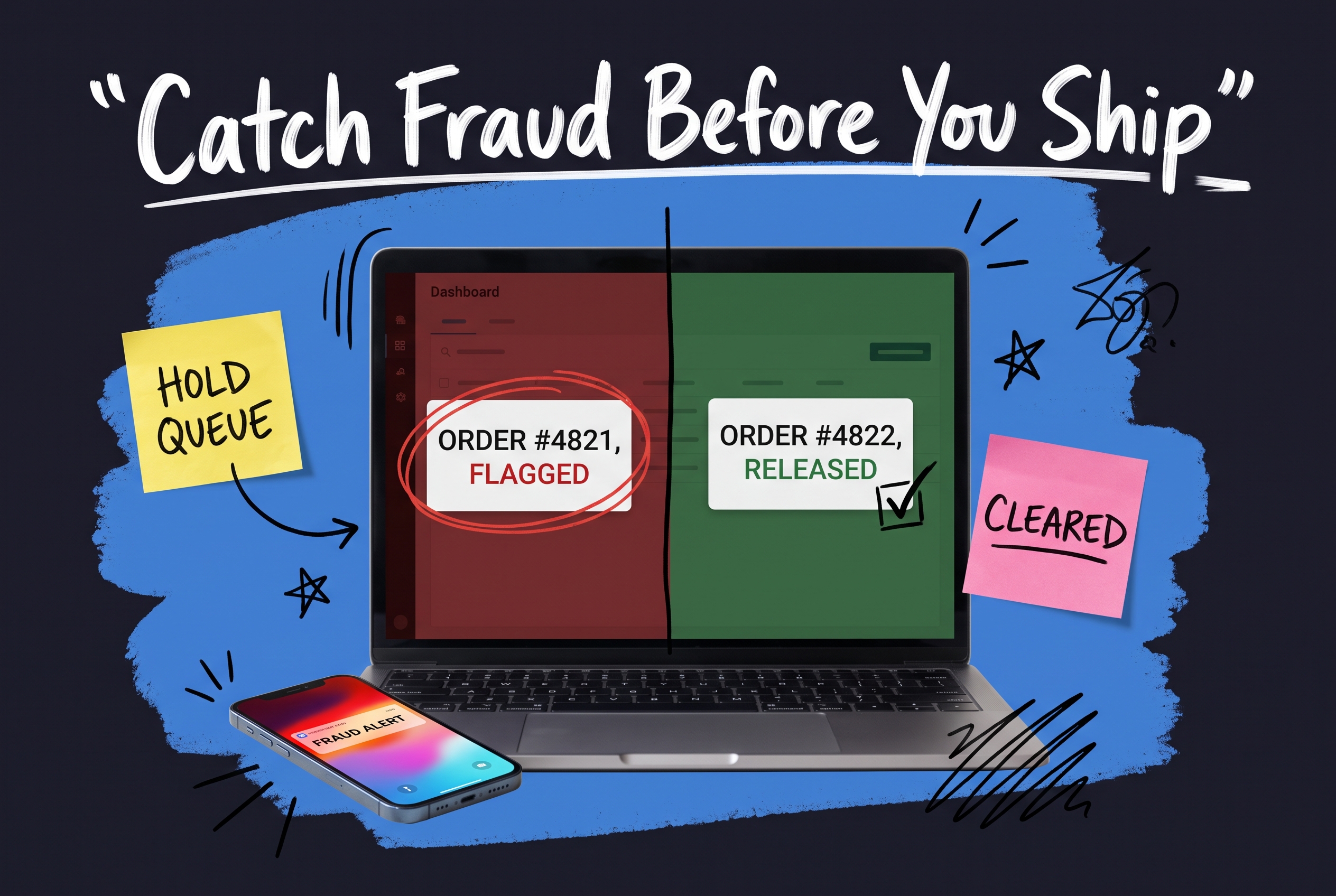 Fraud-hold dashboard showing a flagged order circled in red on a laptop split-screen next to a released order marked cleared, with a phone showing a fraud alert notification