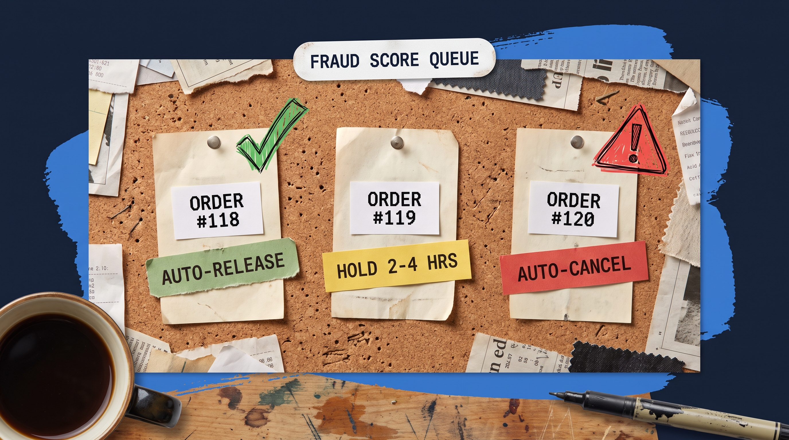 Three order tickets pinned to a corkboard labeled fraud score queue, tagged auto-release, hold 2-4 hours, and auto-cancel