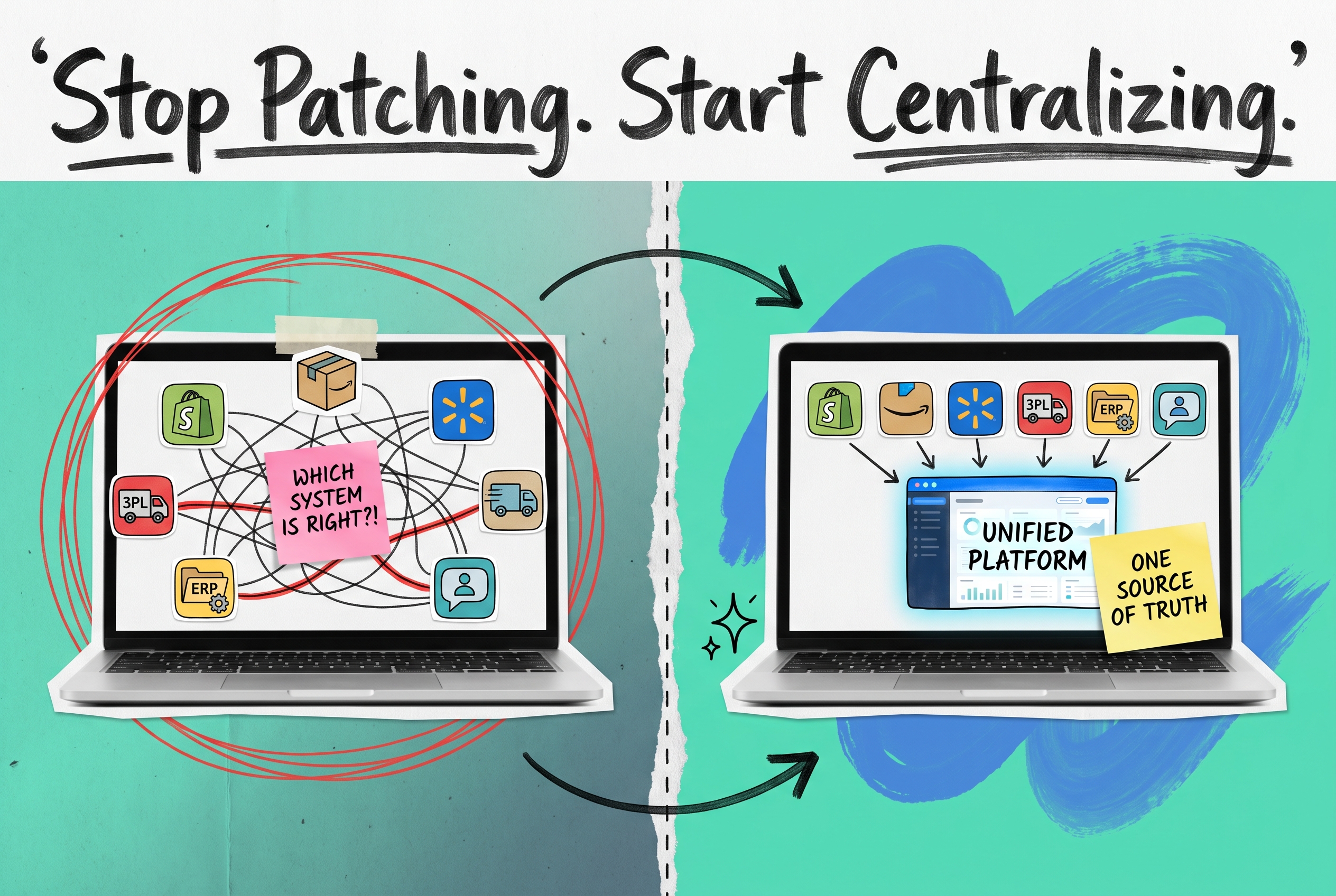 Split comparison of tangled point-to-point ecommerce system connections versus a single unified order platform screen