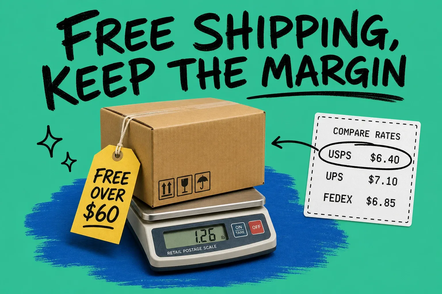Ecommerce shipping strategy hero with a shipping box on a scale, a price tag reading FREE OVER $60, and a carrier rate comparison card on a teal background