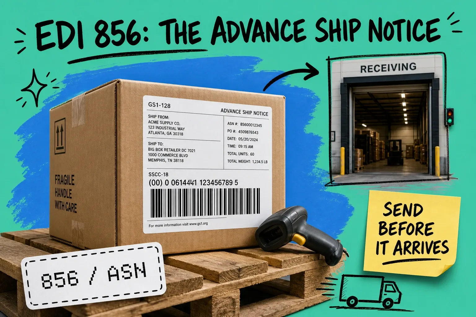 Shipping carton with a printed SSCC-18 ASN label moving toward a retailer receiving dock on a teal background, with a delivery truck doodle and a hand-drawn EDI 856 tag
