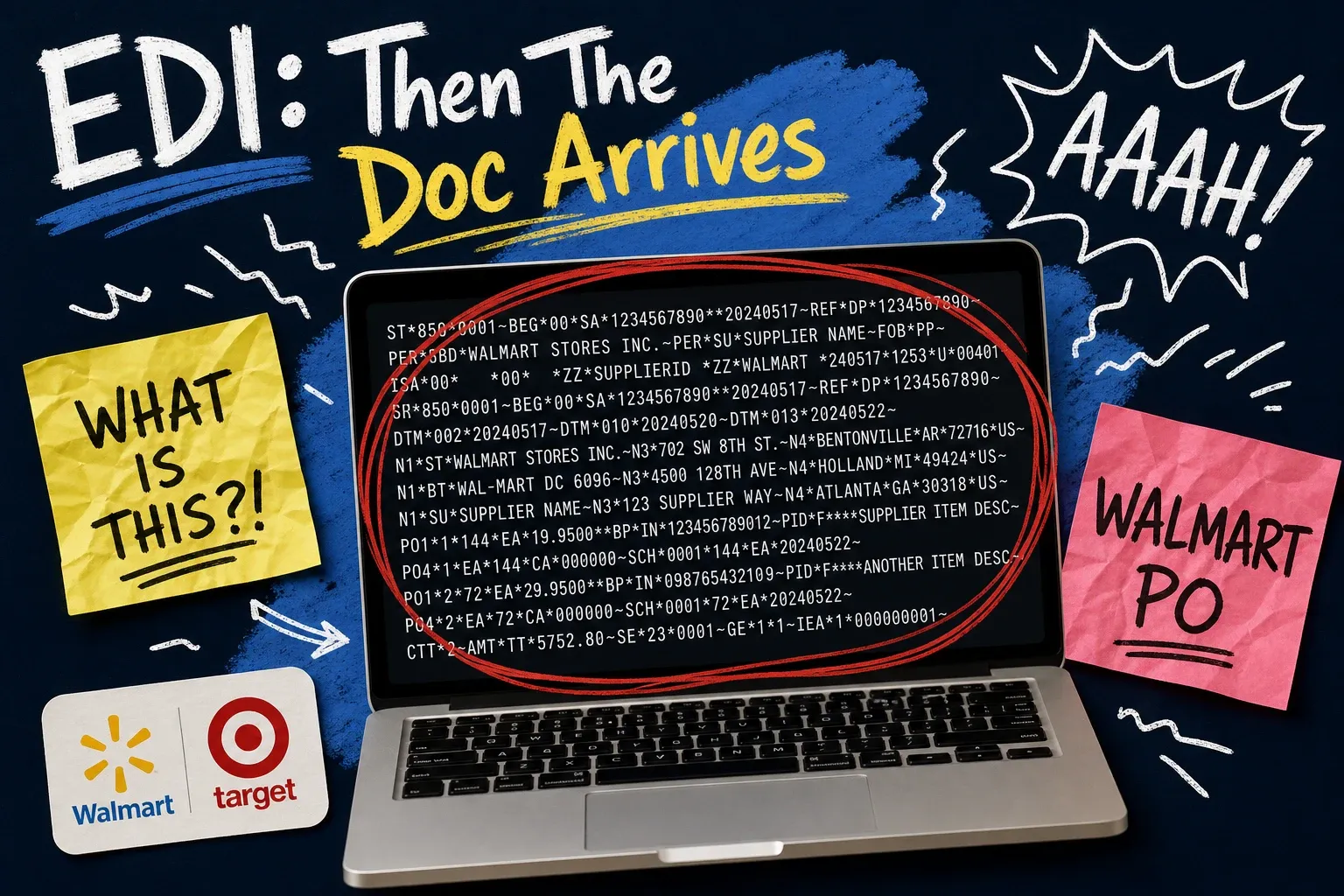 EDI integration overwhelm — laptop showing dense EDI 850 purchase order code circled in red on dark background, sticky notes reading WHAT IS THIS?! and WALMART PO, Walmart and Target logos