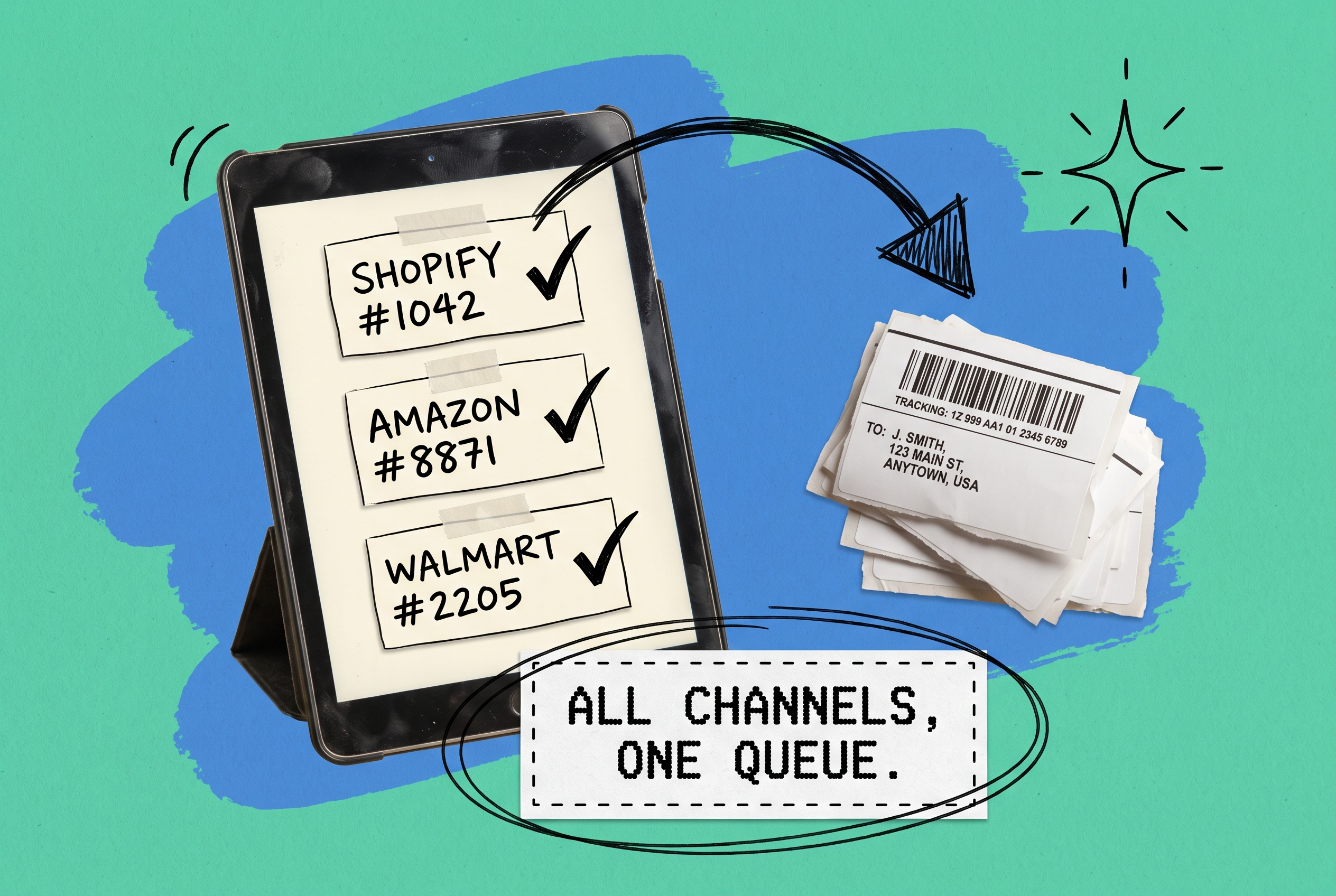 Unified multi-channel order queue, tablet showing three taped order cards labeled Shopify #1042, Amazon #8871, and Walmart #2205 each checked off, with a stack of shipping labels beside it