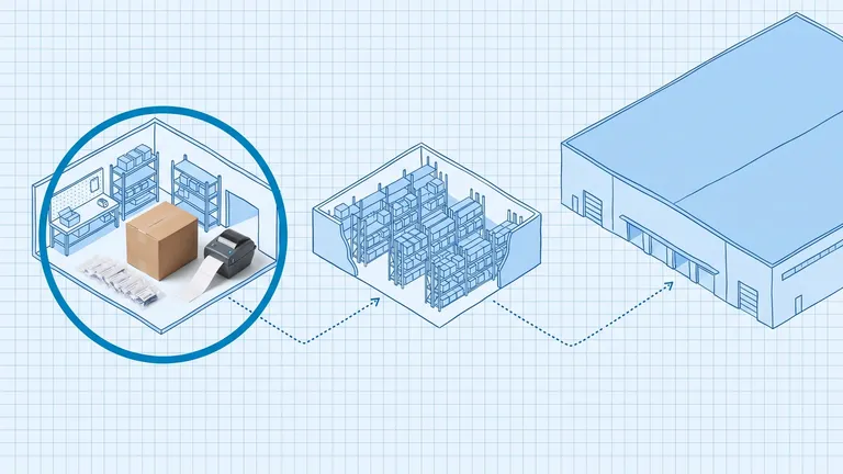 Blueprint drawing of three linked buildings on grid paper: a small brand warehouse circled in blue, holding a real cardboard carton, poly-bagged units and a label printer, with dotted routes to a racked third-party warehouse and a large fulfillment center