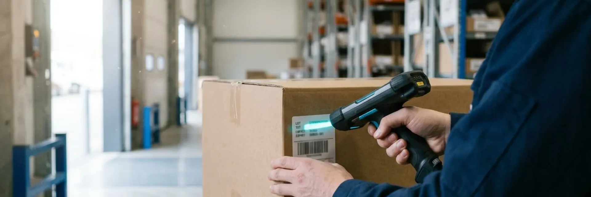 Warehouse worker scanning a lot and expiry barcode on a case at a receiving dock before putaway