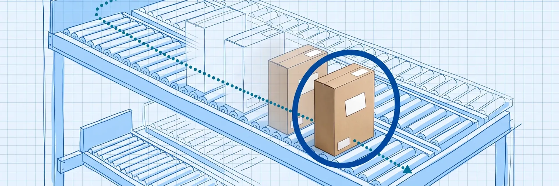 Hand-drawn blue blueprint carton-flow rack with roller lanes; four cases with blank date stickers line one lane, the front case photoreal and circled in dark blue, with a dotted route running from the loading face to the picking face