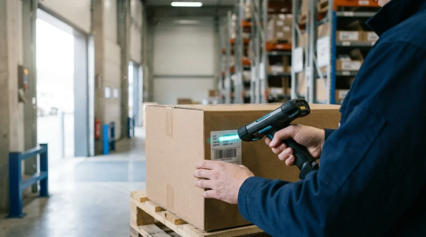 Warehouse worker scanning a lot and expiry barcode on a case at a receiving dock before putaway