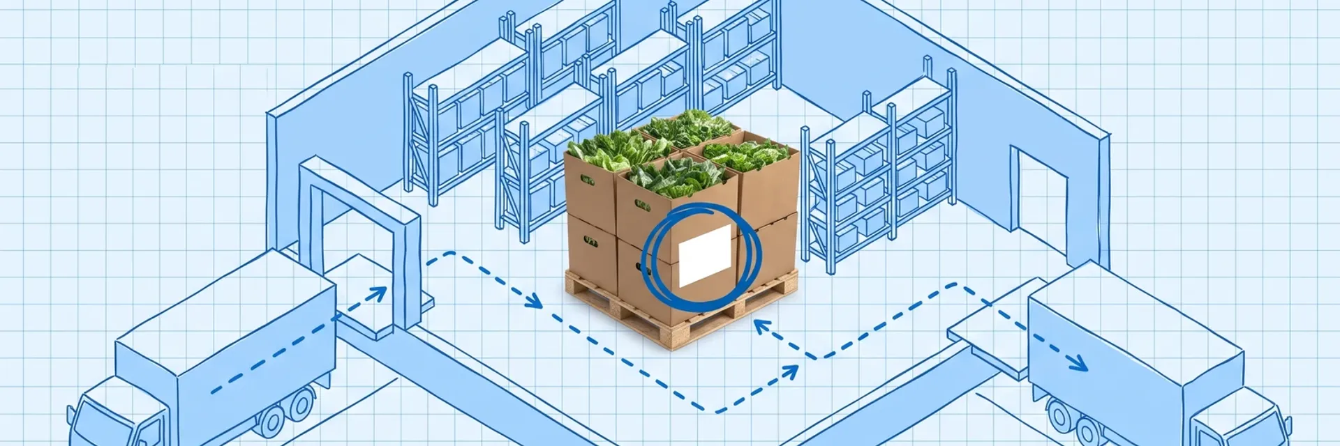 Blueprint-style isometric plan on pale-blue grid paper of a cold room with pallet racking between an inbound truck at the receiving dock and an outbound truck at the shipping dock, a dashed route linking them; at the centre a photographed pallet of brown produce cases filled with leafy greens, its blank white case label circled in dark blue