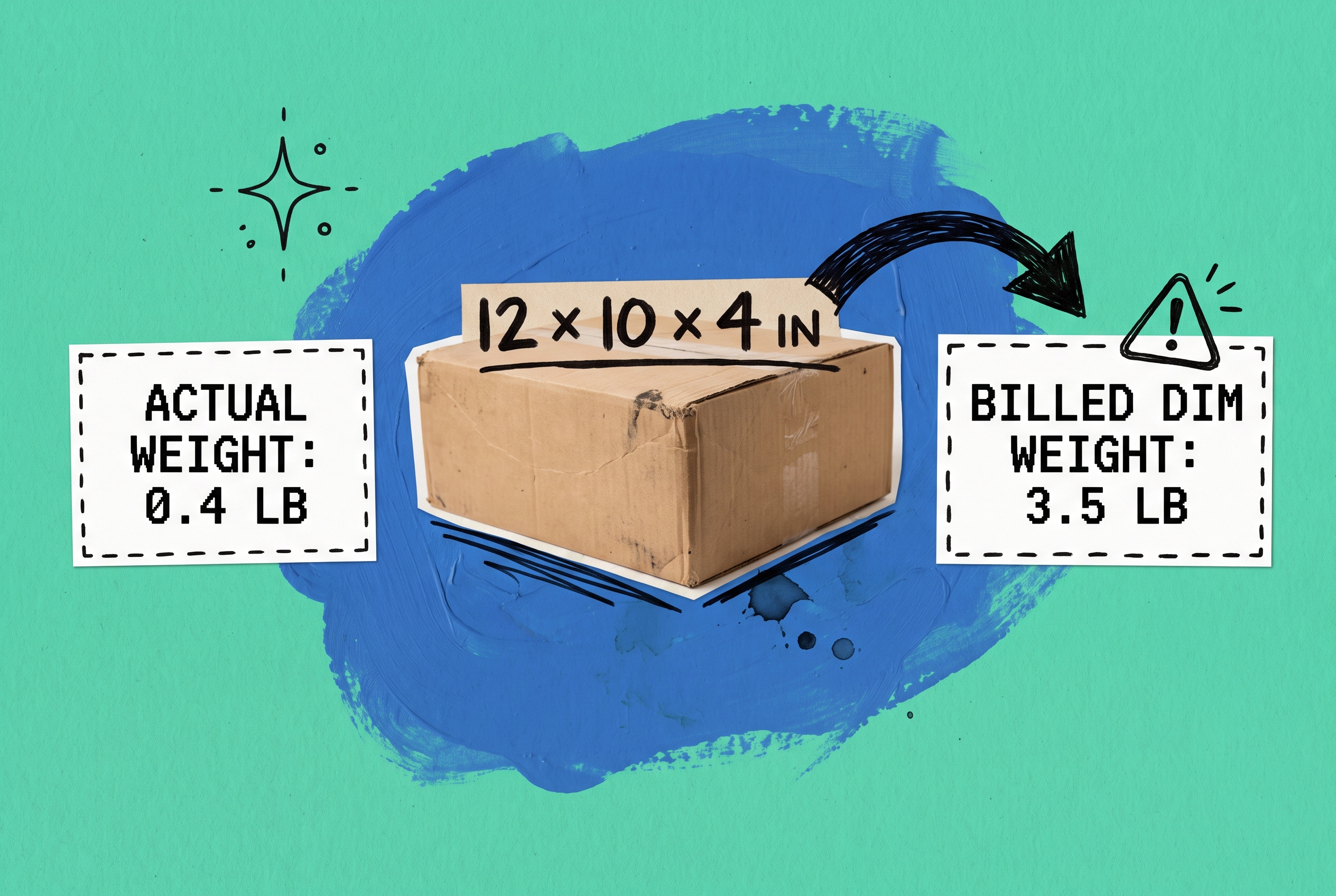 Cardboard shipping box labeled 12 by 10 by 4 inches, with cards showing actual weight of 0.4 pounds versus billed dimensional weight of 3.5 pounds, on teal background