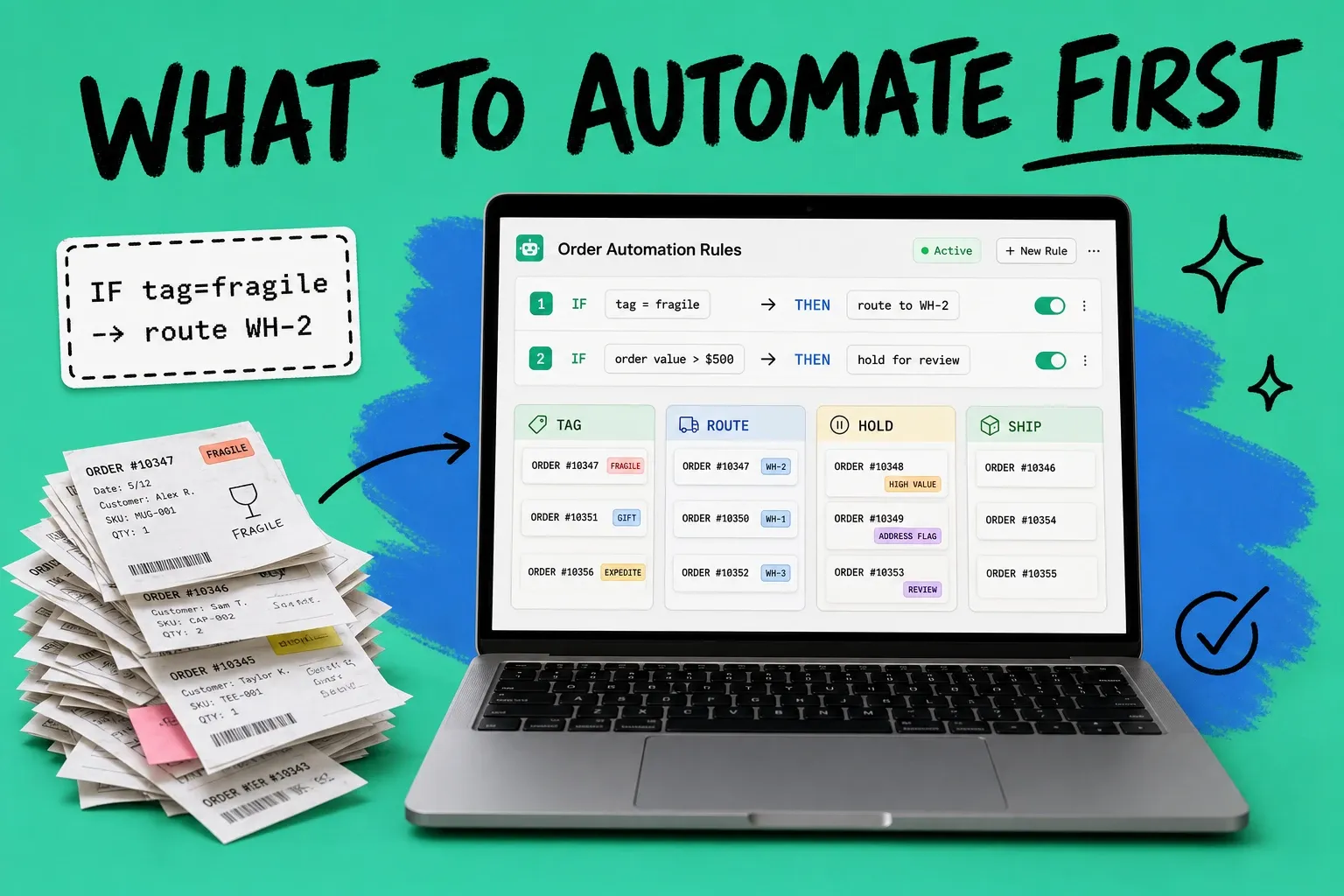 Laptop on teal background showing an order automation rules board with orders sorting into tag, route, hold, and ship lanes, hand-drawn arrow and checkmark doodles