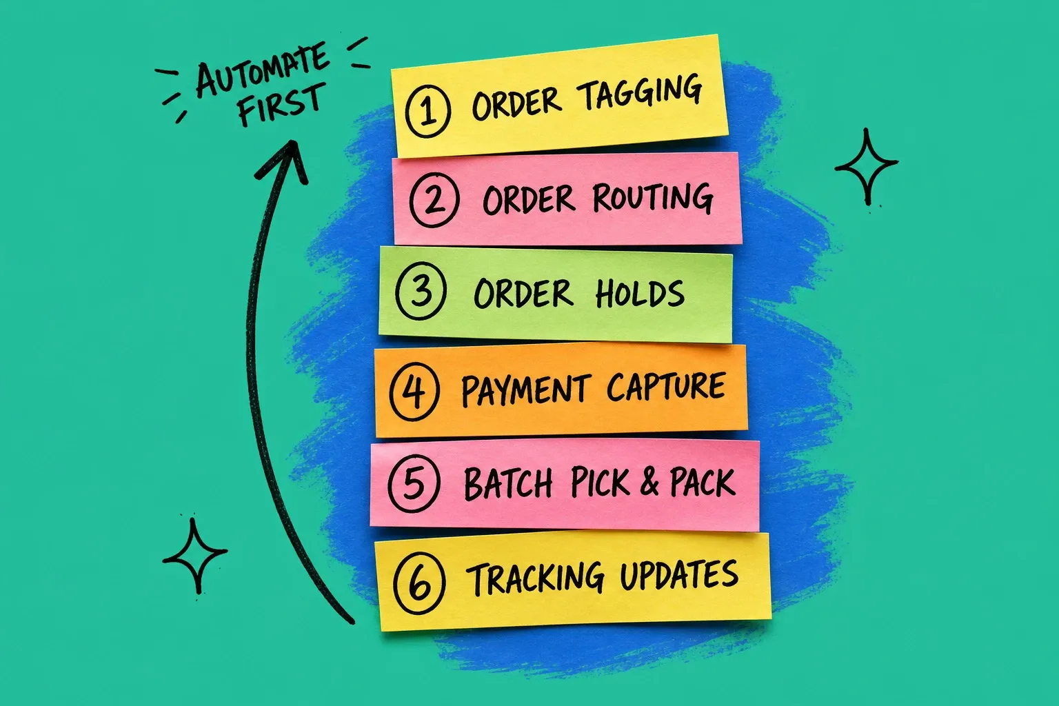 Order fulfillment workflows ranked one to six by return on investment as sticky notes on a teal board, from order tagging at the top to tracking updates at the bottom, with a hand-drawn arrow pointing up