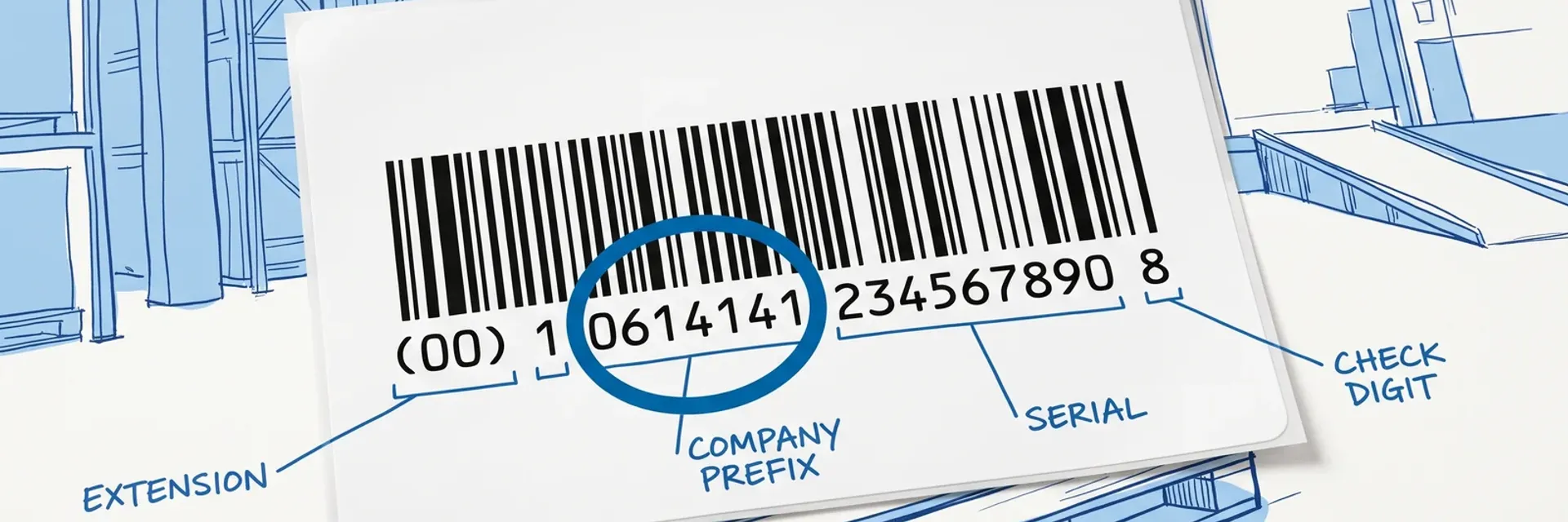 Oversized GS1-128 pallet label with the company prefix digits highlighted, circuit traces converging toward it on a dark background