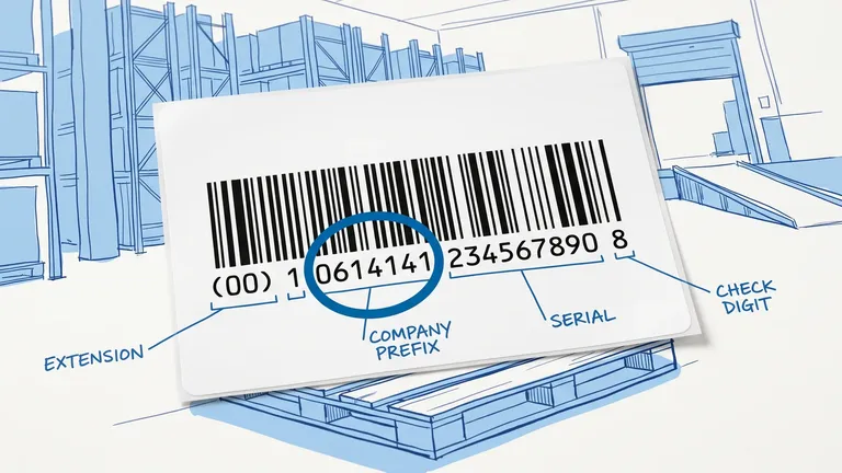 Oversized GS1-128 pallet label with the company prefix digits highlighted, circuit traces converging toward it on a dark background