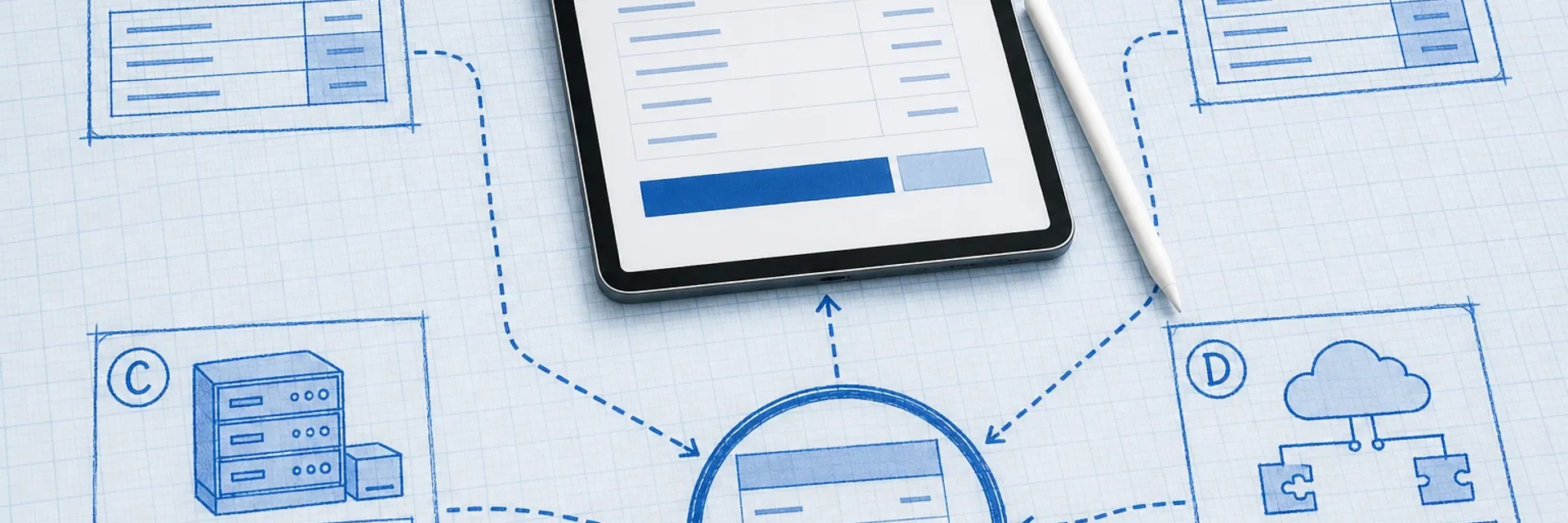 Blueprint cost-stack diagram linking software, implementation, hardware, and integration nodes to a photoreal tablet showing a year-one warehouse budget