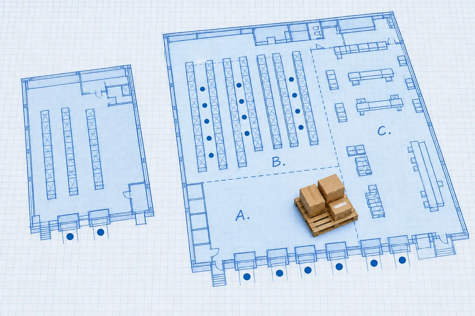 Isometric blueprint warehouse floor plan comparing a compact single-zone layout to a larger multi-zone layout with cyan markers on cost-driving areas