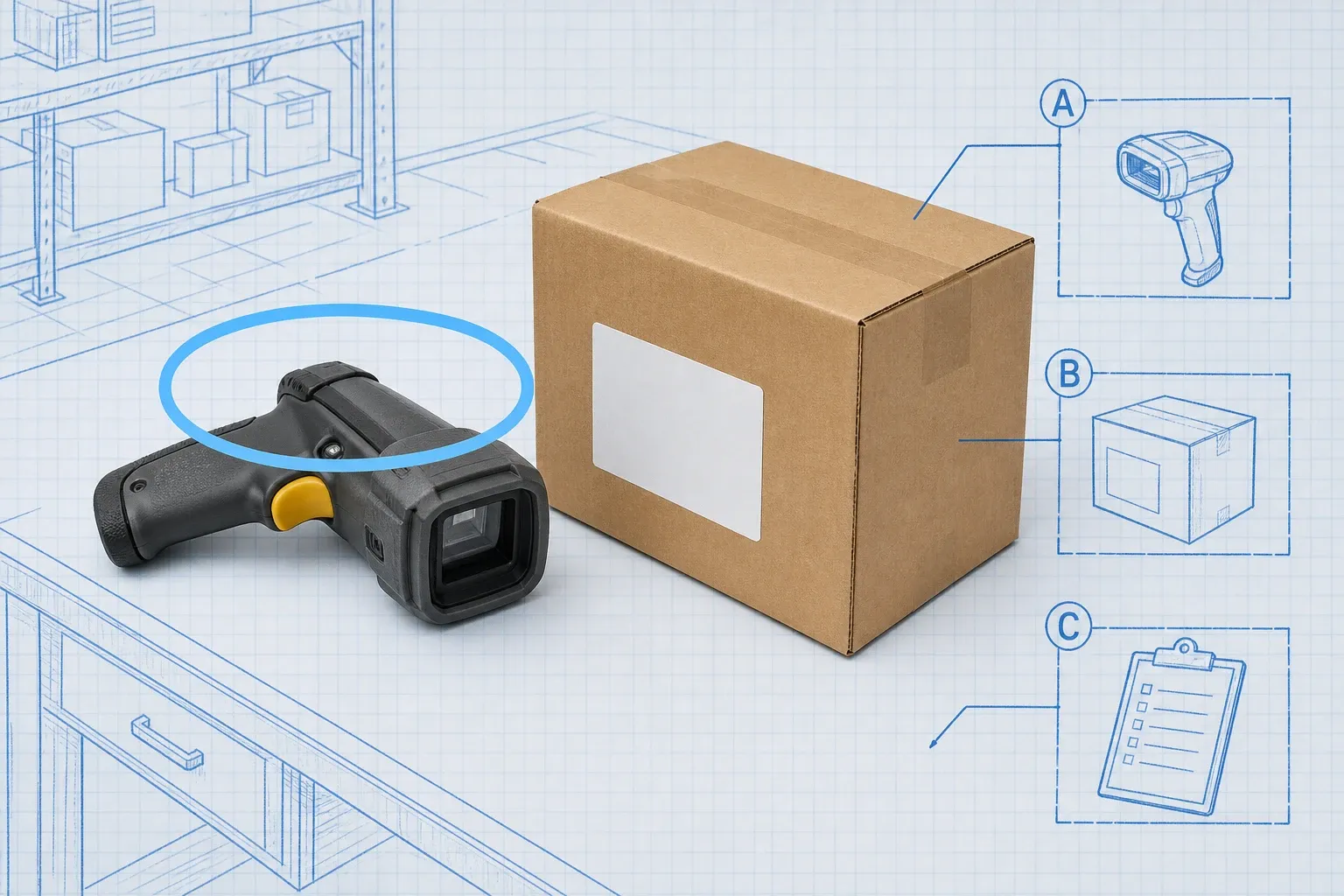 Photoreal handheld barcode scanner and labeled cardboard carton on a blueprint workbench with ink callouts for hardware, software, and training cost lines