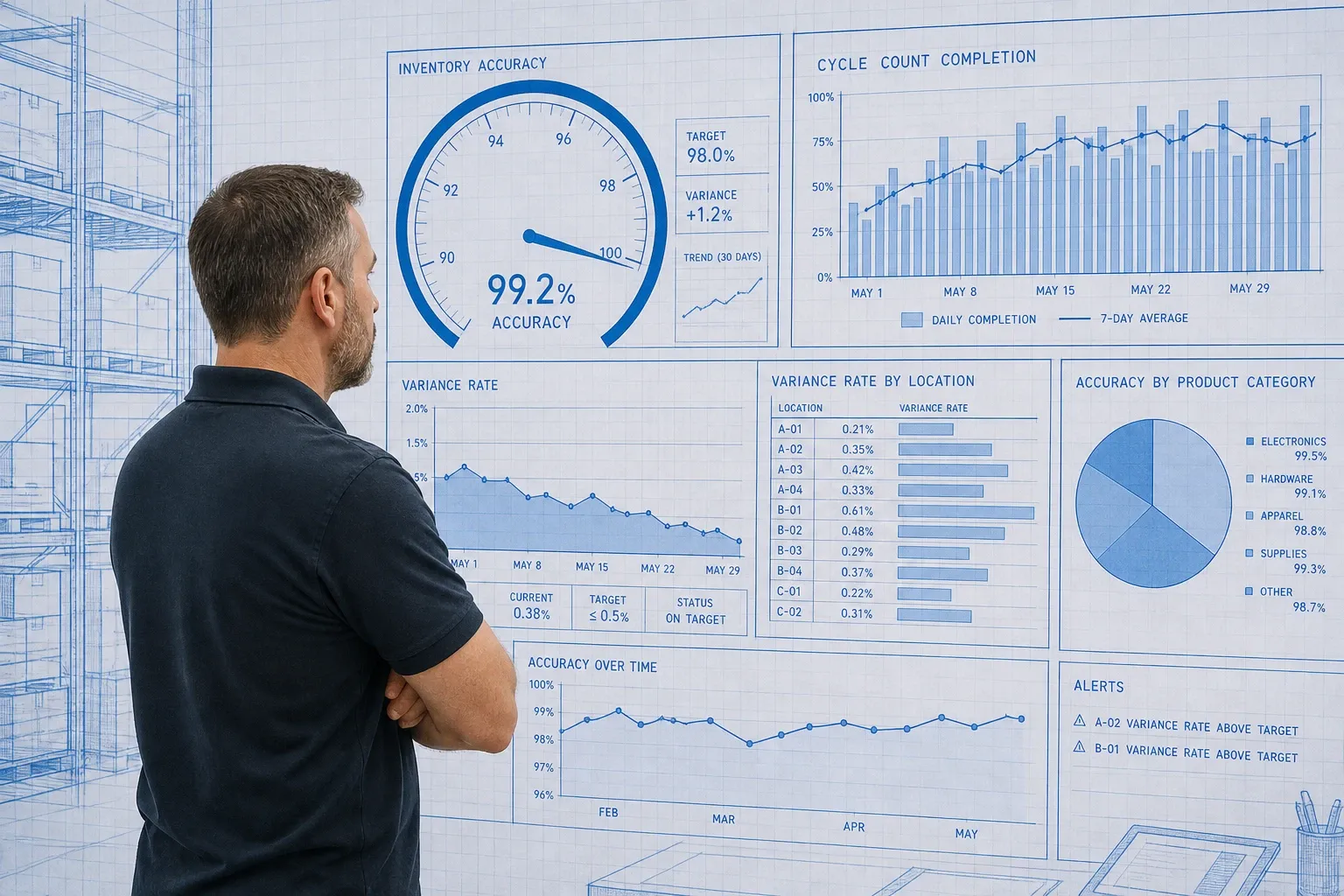 Blueprint warehouse dashboard showing a 99 percent inventory accuracy gauge beside cycle count completion and variance charts