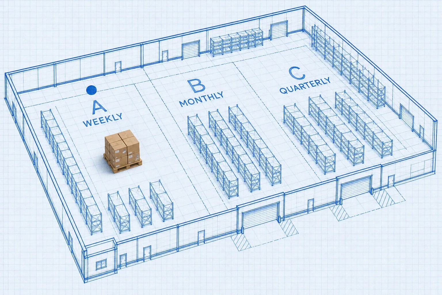 Isometric blueprint warehouse floor plan with labeled A weekly, B monthly, and C quarterly count zones and one photoreal pallet for scale