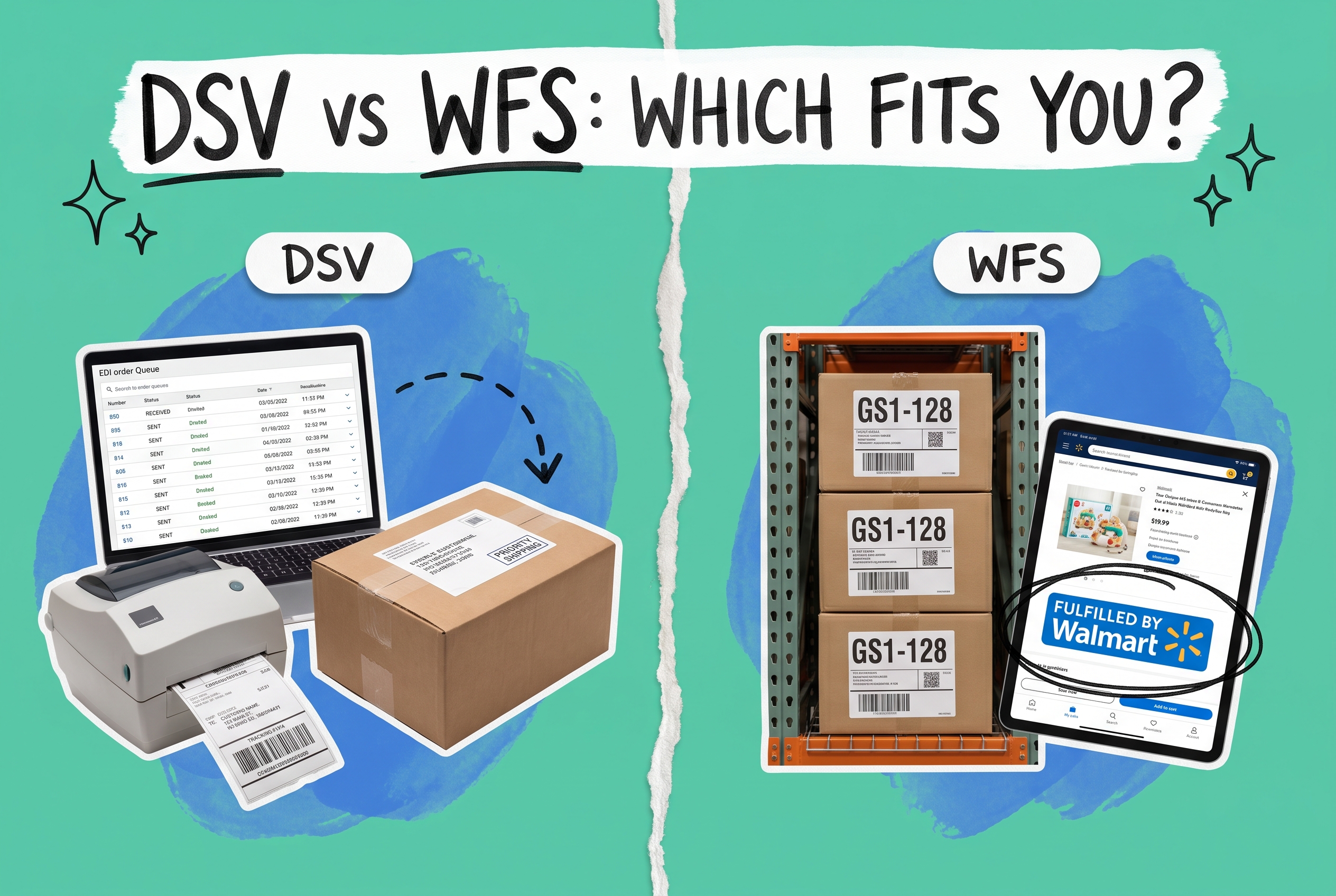 Split comparison of Walmart DSV vs WFS supplier programs, laptop with EDI order queue and shipping label on the DSV side, warehouse shelf with GS1-128 labeled cartons and tablet showing Fulfilled by Walmart badge on the WFS side, teal background