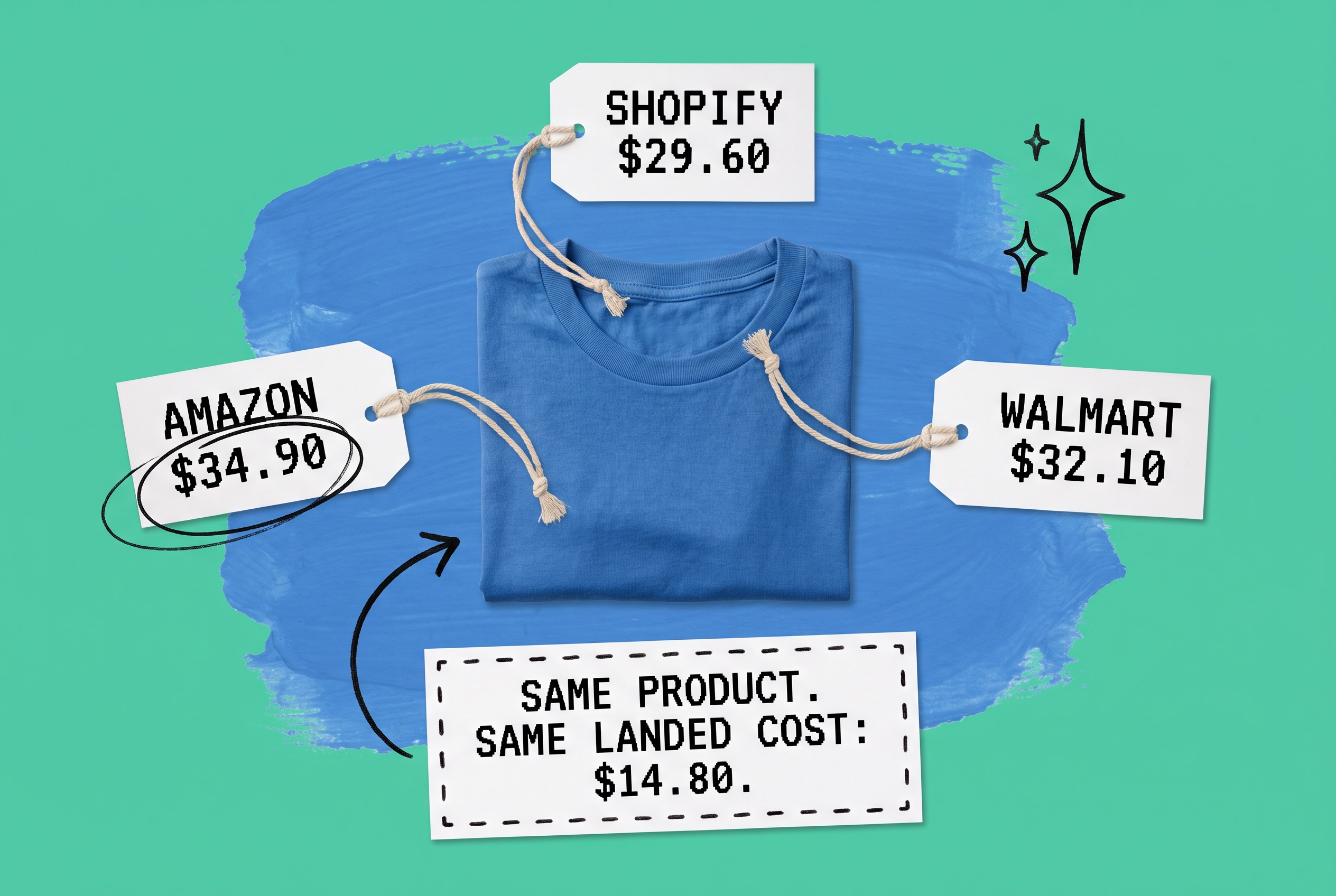 One blue t-shirt with three price tags showing different retail prices for Shopify, Amazon, and Walmart, all from the same 4.80 landed cost