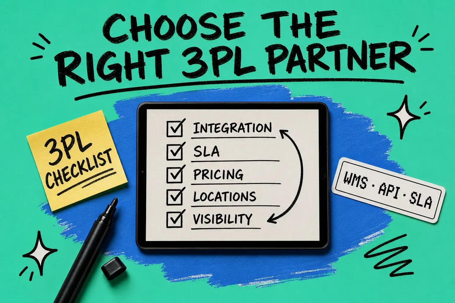 Tablet displaying a 3PL partner evaluation checklist with checkboxes on mint teal background with blue brushstroke shape, yellow sticky note reading 3PL CHECKLIST, hand-drawn doodle annotations
